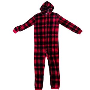 Buffalo Plaid Hooded One Piece Pajamas Women's Size Medium